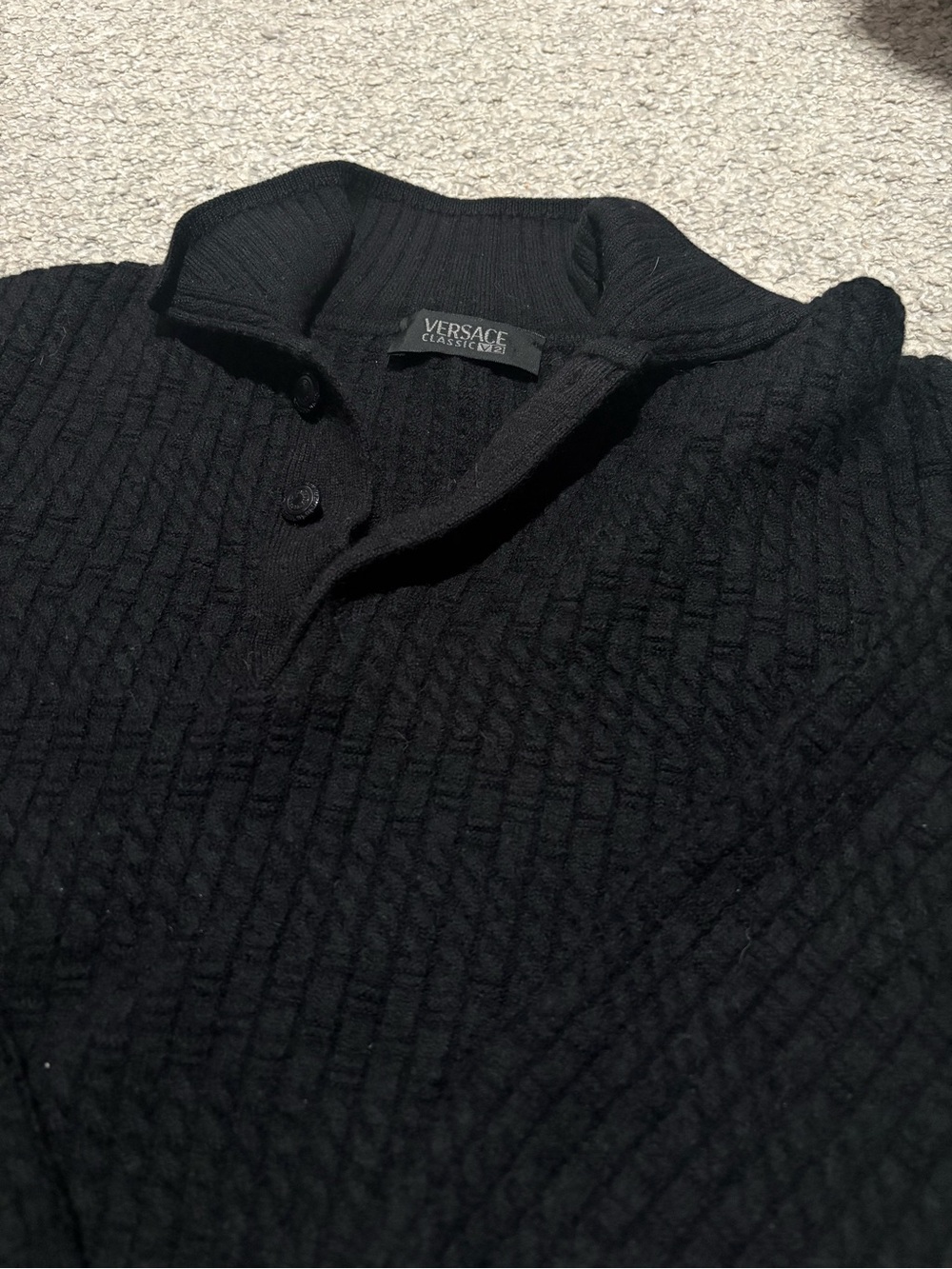 Versace Black Textured Knit Polo Sweater
